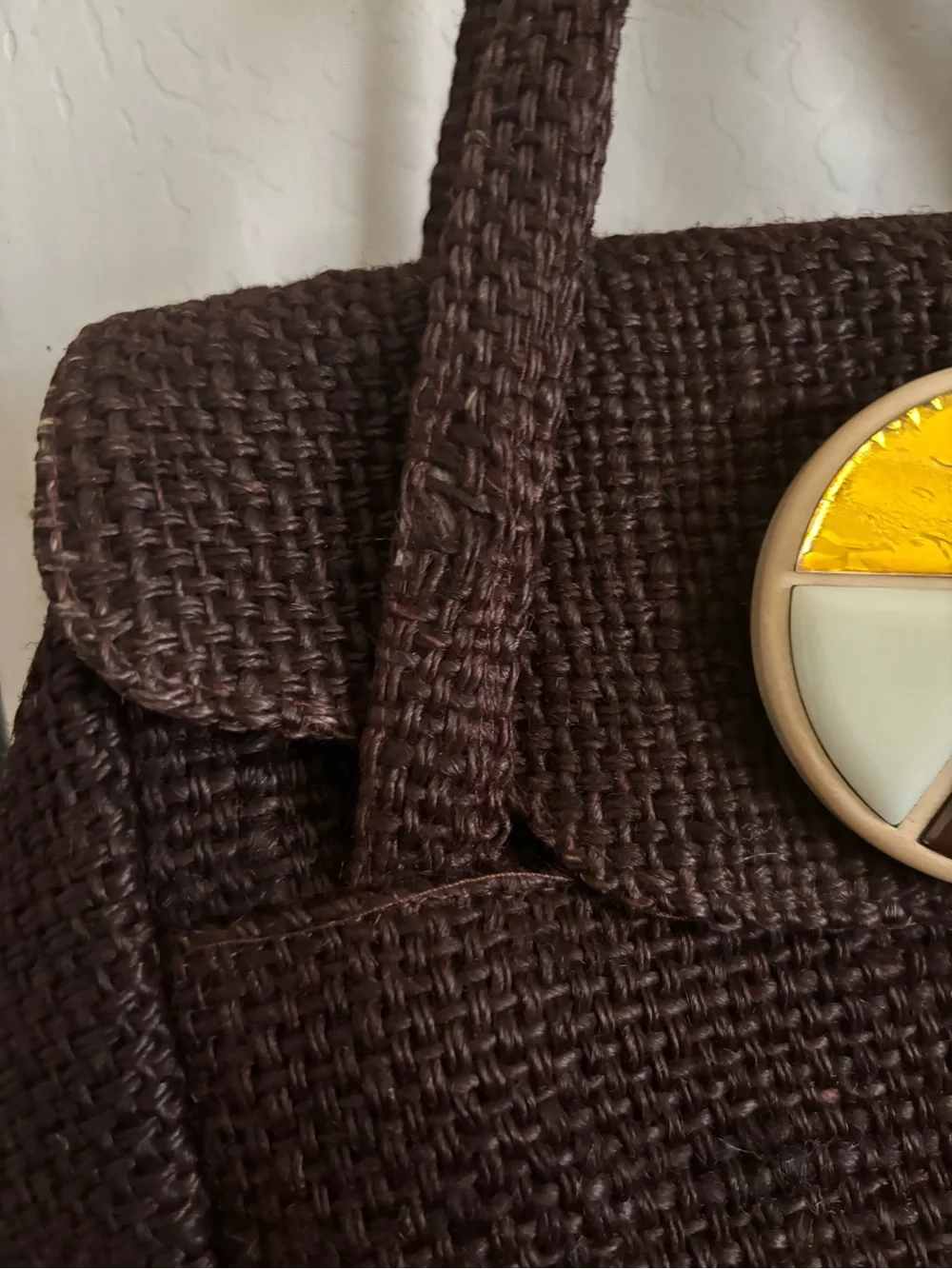 Dark Brown Woven Top-Handle Bag with Tricolor Accent snap gem